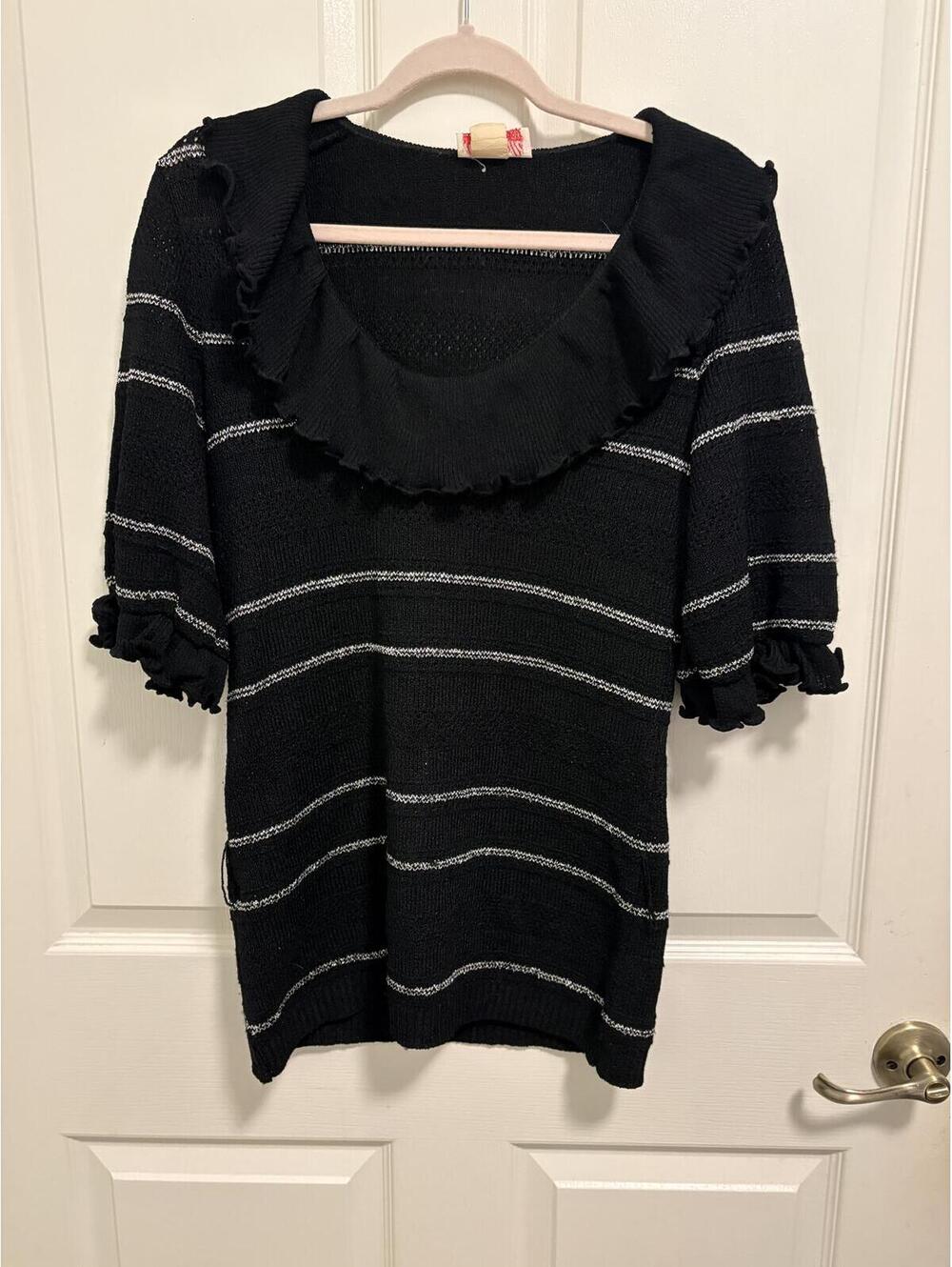 Vintage Marbella Black Knit Sweater with Ruffled Collar and Sleeves, Size M